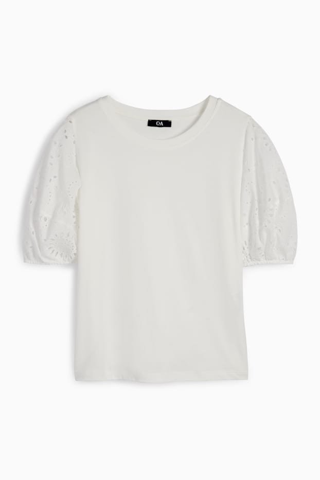 Donna - T-shirt - Broderie Anglaise - bianco