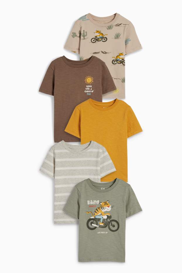 Kinder Buben - Multipack 5er - Tiger und Motorrad - Kurzarmshirt - grün