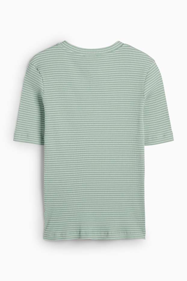 Women - T-shirt - ribbed - striped - light green