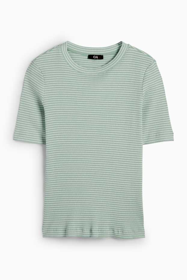 Women - T-shirt - ribbed - striped - light green