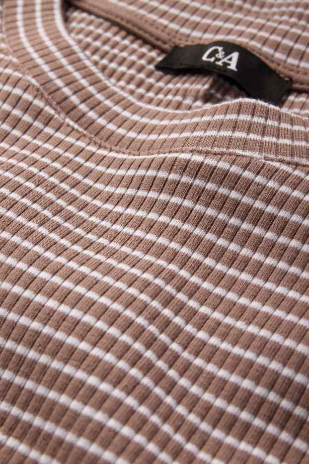 Donna - T-shirt - a coste - a righe - beige