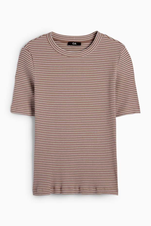 Donna - T-shirt - a coste - a righe - beige