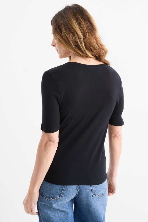 Dona - Samarreta de màniga curta amb coll en punta - regular fit - negre