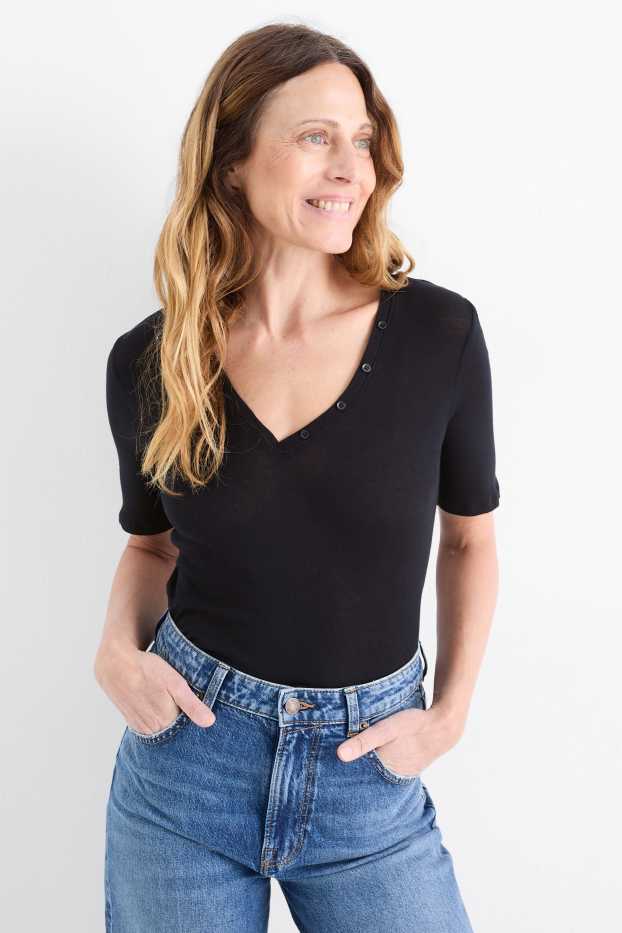 Dona - Samarreta de màniga curta amb coll en punta - regular fit - negre