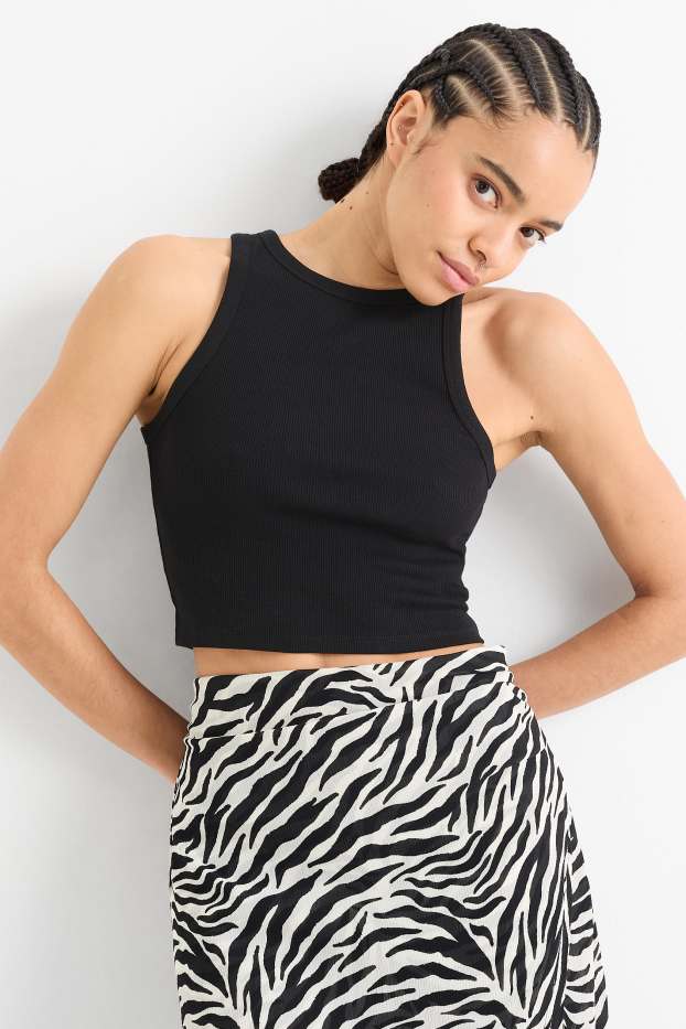 Damen - Crop Top - gerippt - schwarz