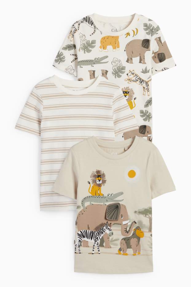 Kinder Buben - Multipack 3er - Wildtiere - Kurzarmshirt - hellbeige