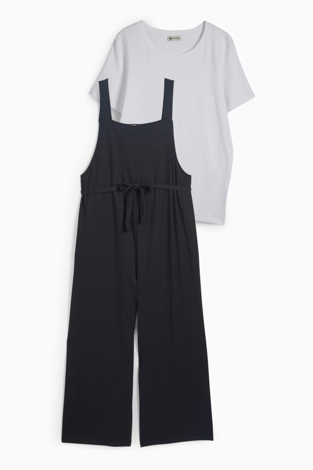 Donna - Set - t-shirt e salopette premaman - 2 pezzi - nero / bianco