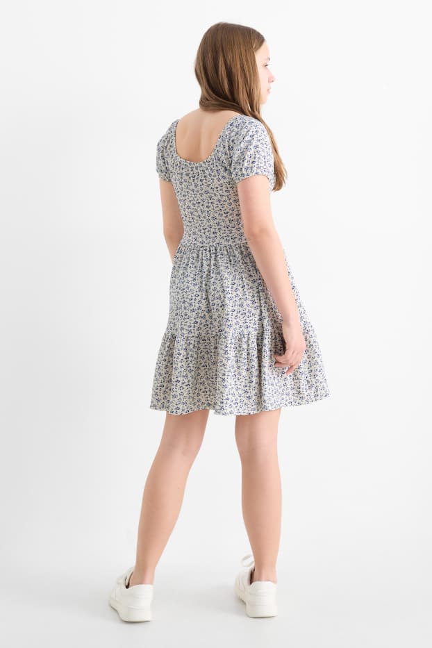 Bambine - Vestito - a fiori - in tessuto tramato - bianco crema