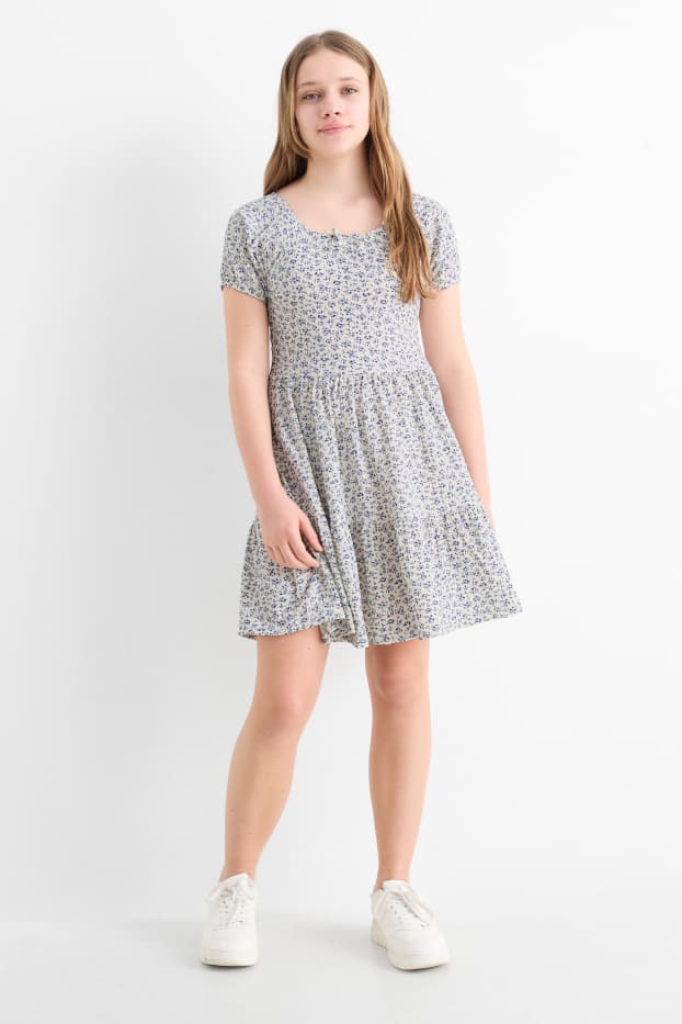 Bambine - Vestito - a fiori - in tessuto tramato - bianco crema