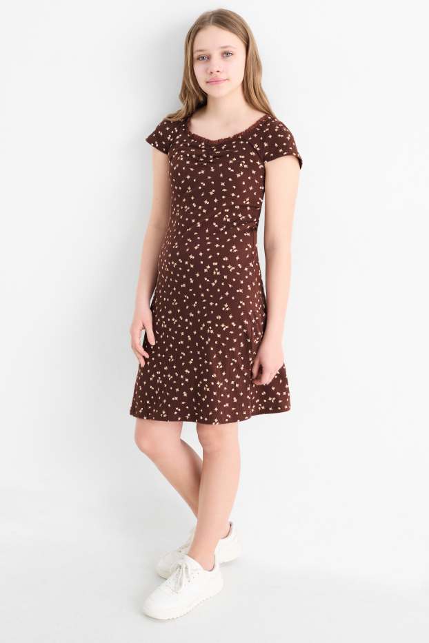 Děti - dívky - Šaty - s květinovým vzorem - tmavohnědá