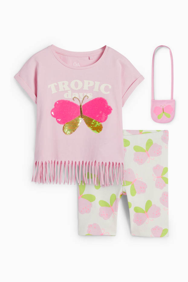 Kinder Mädchen - Schmetterling - Set - Kurzarmshirt, Radlerhose und Tasche - pink