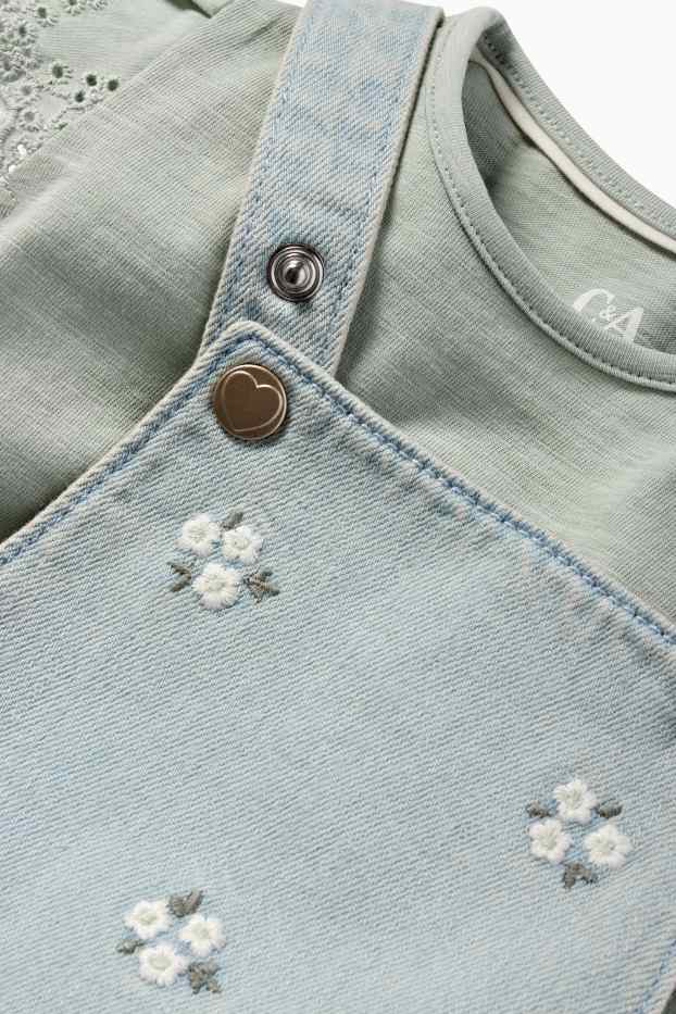 Baby Mädchen - Blümchen - Baby-Outfit - Broderie Anglaise - 2 teilig - jeansblau