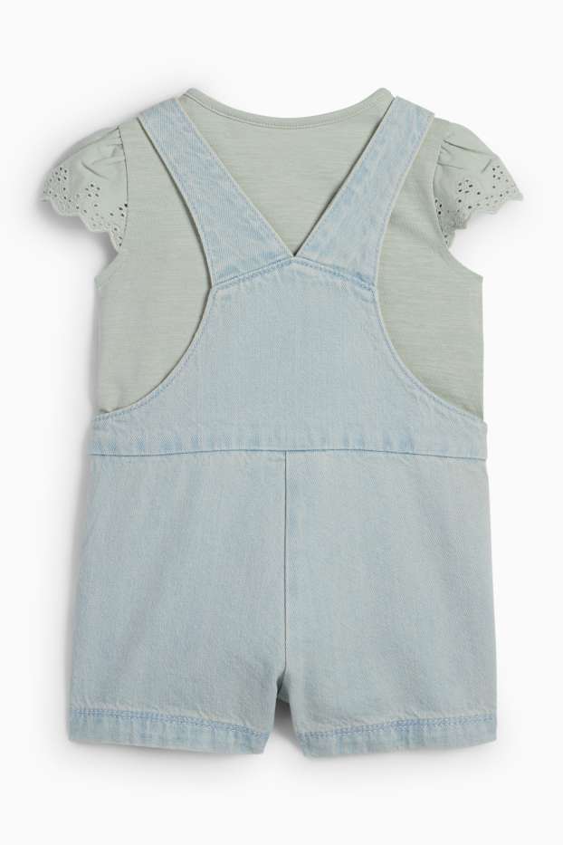 Baby Mädchen - Blümchen - Baby-Outfit - Broderie Anglaise - 2 teilig - jeansblau