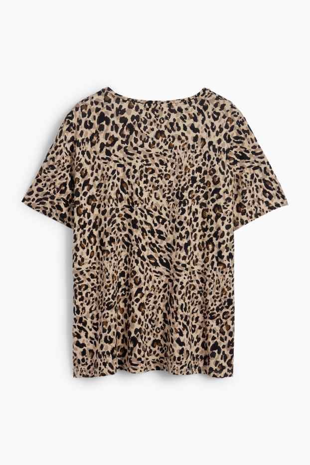 Donna - T-shirt con scollo a V - stretch - stampa leopardata - marrone