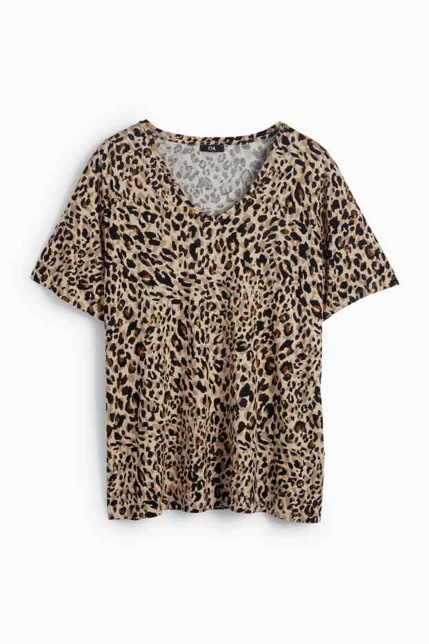 Donna - T-shirt con scollo a V - stretch - stampa leopardata - marrone