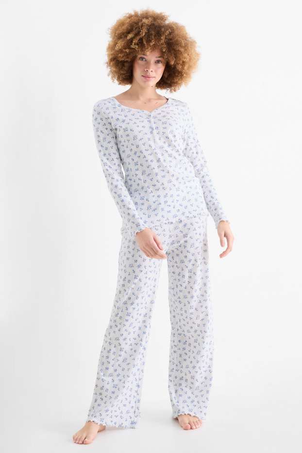Dames - Pyjama - gebloemd - crème wit