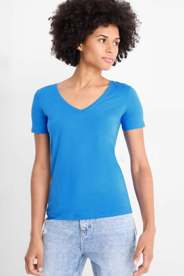 Damen - T-Shirt mit V-Ausschnitt - Slim Fit - blau
