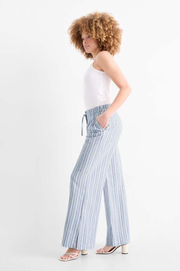 Femmes - Pantalon en toile - high waist - wide leg - lin mélangé - à rayures - bleu clair
