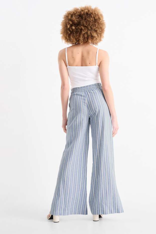 Femmes - Pantalon en toile - high waist - wide leg - lin mélangé - à rayures - bleu clair