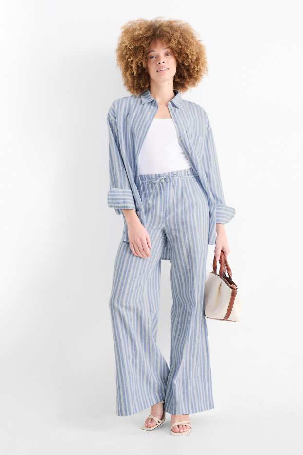 Femmes - Pantalon en toile - high waist - wide leg - lin mélangé - à rayures - bleu clair
