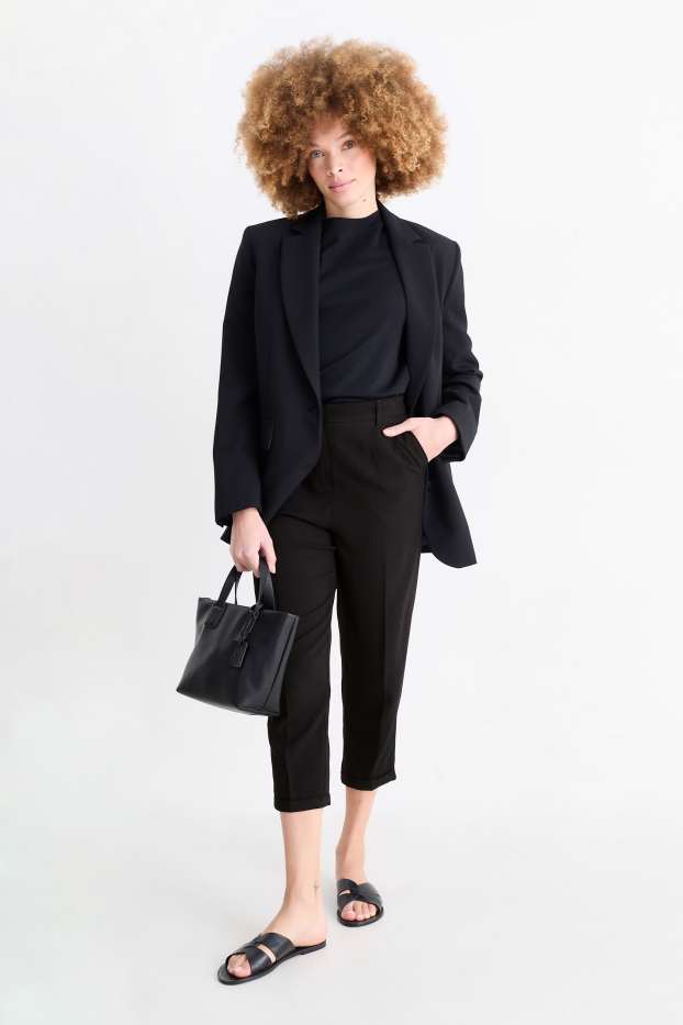 Femmes - Pantalon en toile - mid waist - tapered fit - noir
