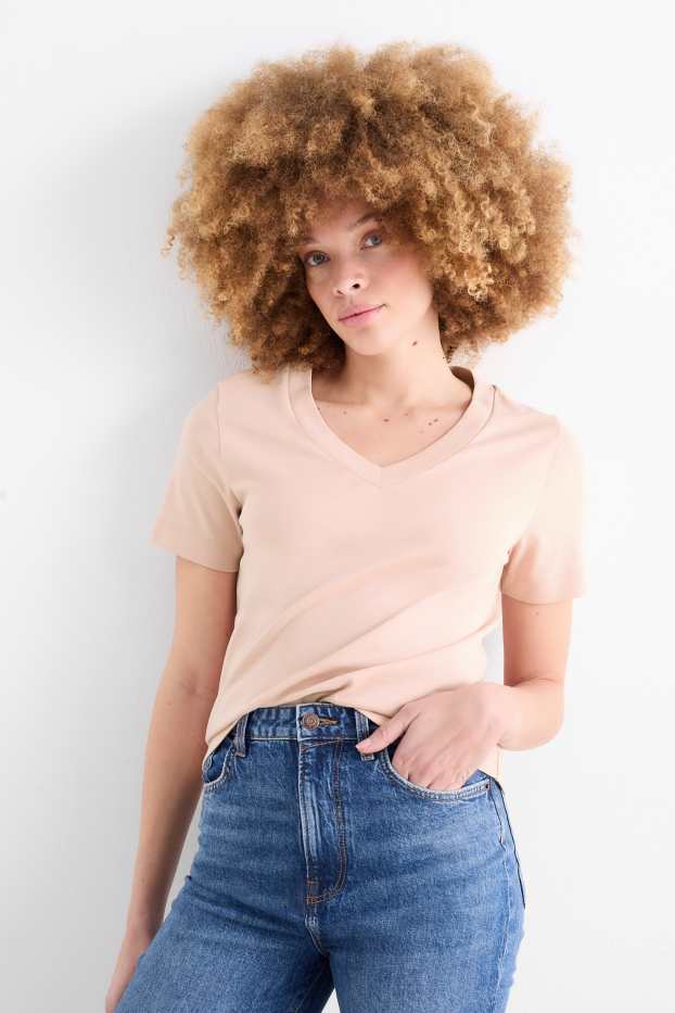 Damen - Basic-T-Shirt mit V-Ausschnitt - rosa
