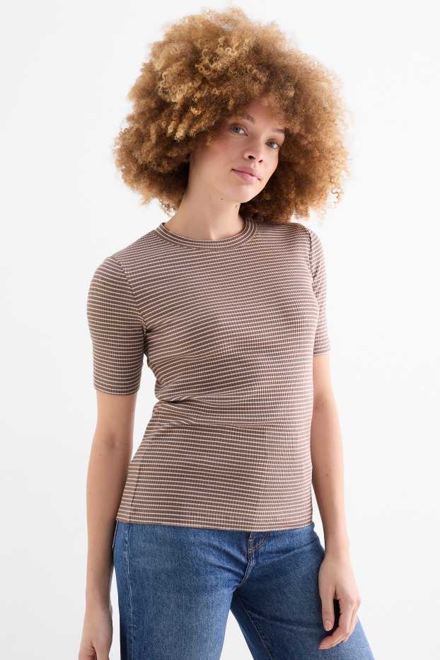 Donna - T-shirt - a coste - a righe - beige