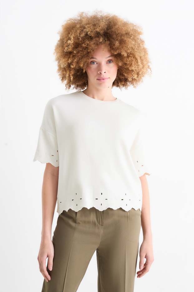 Women - T-shirt - broderie anglaise - white