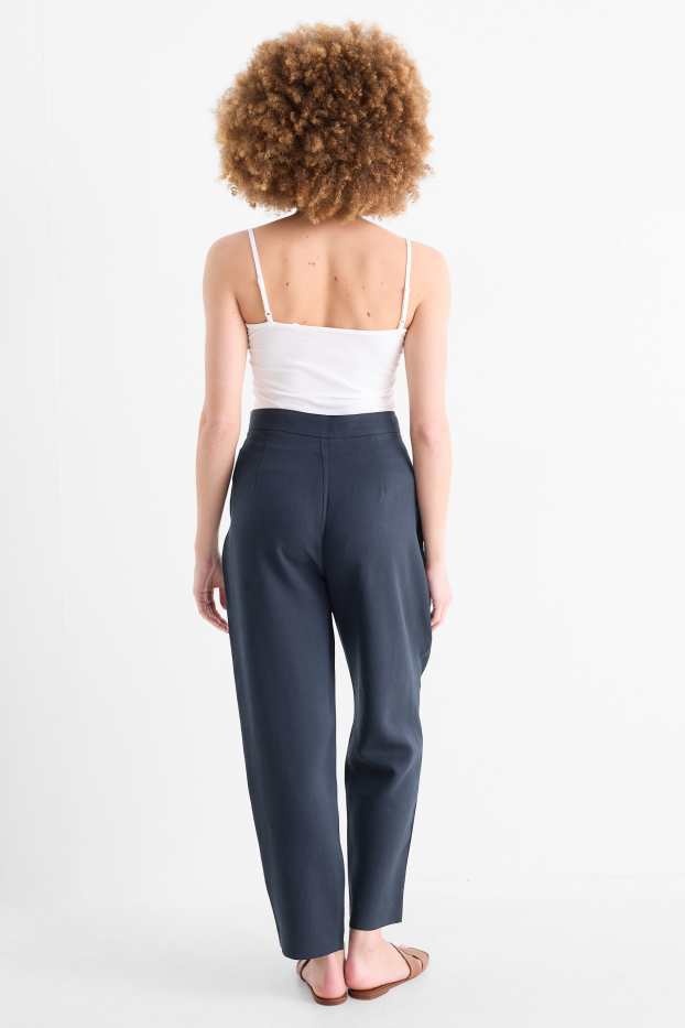 Dámské - Plátěné kalhoty - high waist - tapered fit - strukturované - tmavomodrá