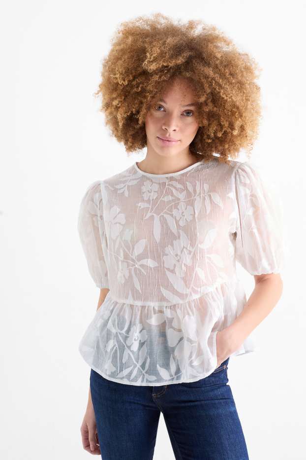 Women - Blouse - floral - white