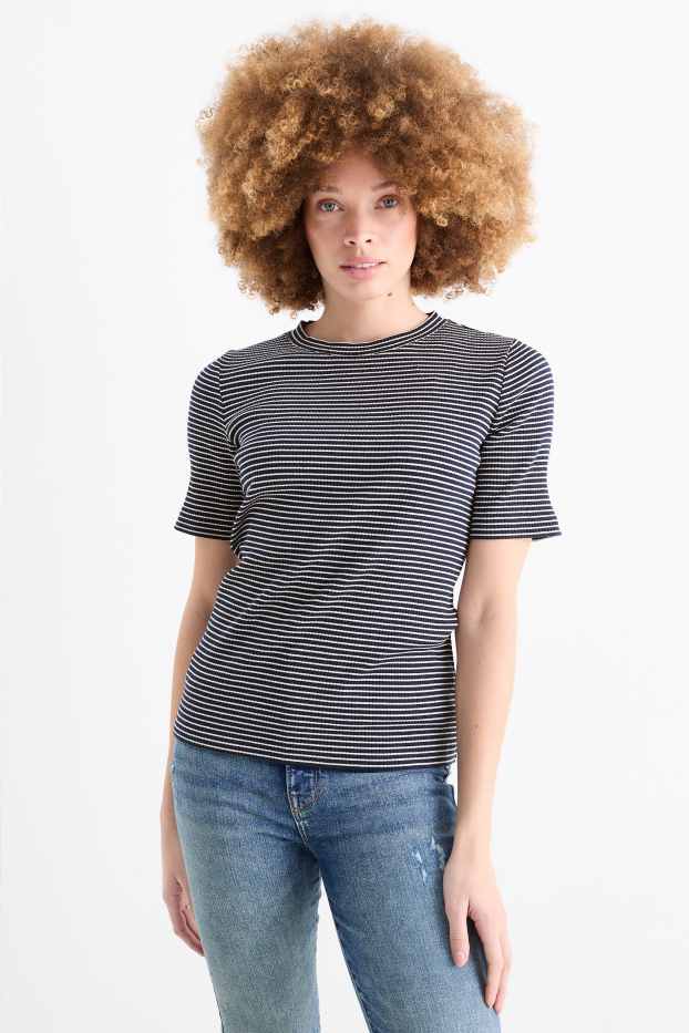 Mujer - Camiseta - de canalé - de rayas - blanco / negro