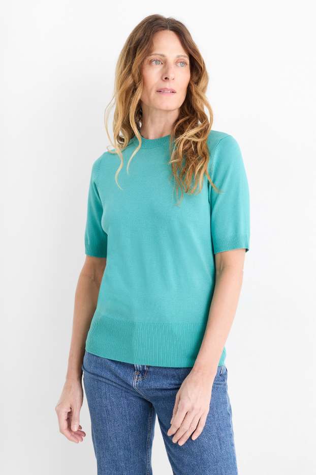 Damen - Strickpullover - kurzarm - türkis
