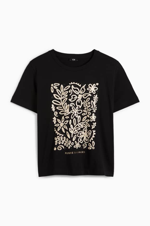 Women - T-shirt with rhinestones - slim fit - black