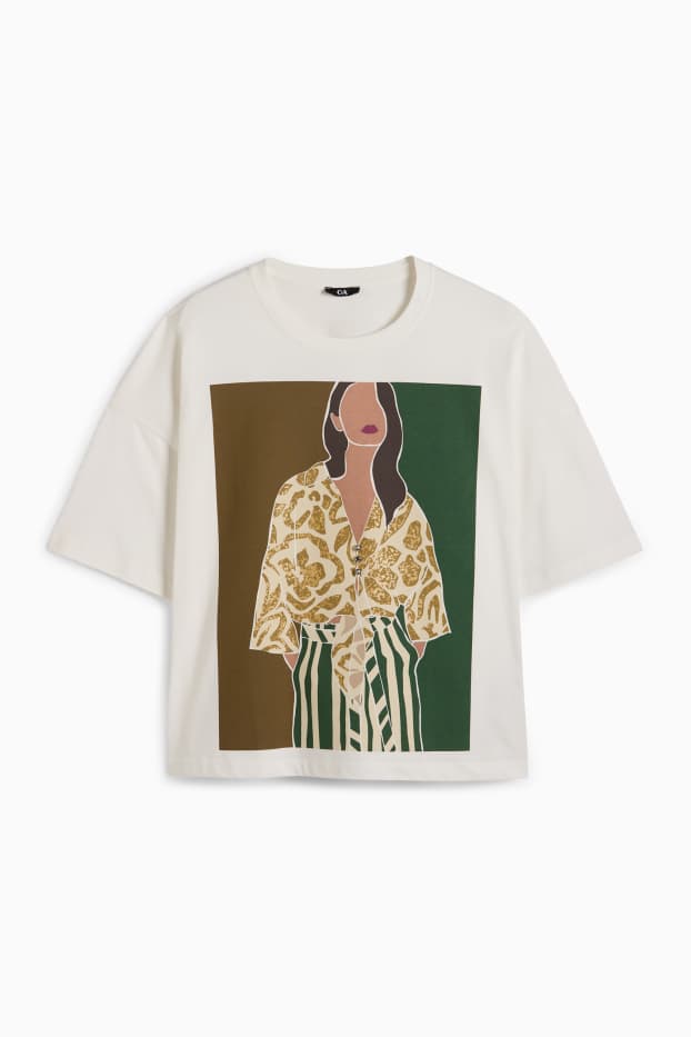 Dámské - Tričko se štrasovými kamínky - oversized - bílá