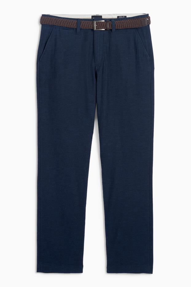 Heren - Chino, deels met linnen en met riem - regular fit - donkerblauw