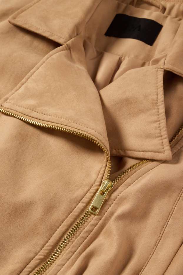 Dames - Kort bikerjack - imitatiesuède - beige