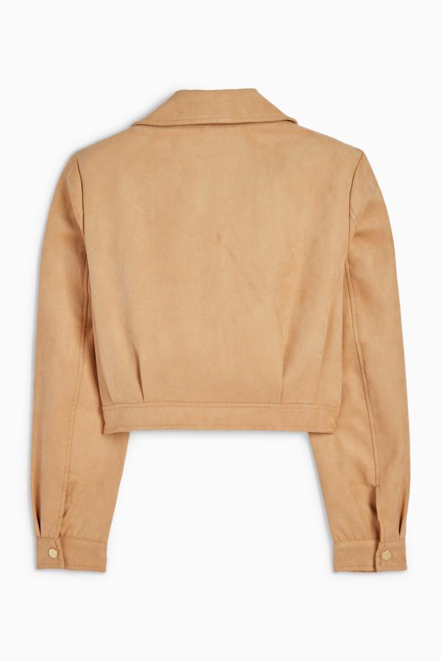Dames - Kort bikerjack - imitatiesuède - beige