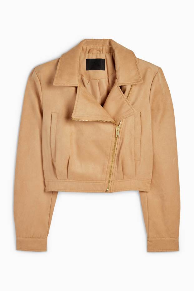 Dames - Kort bikerjack - imitatiesuède - beige