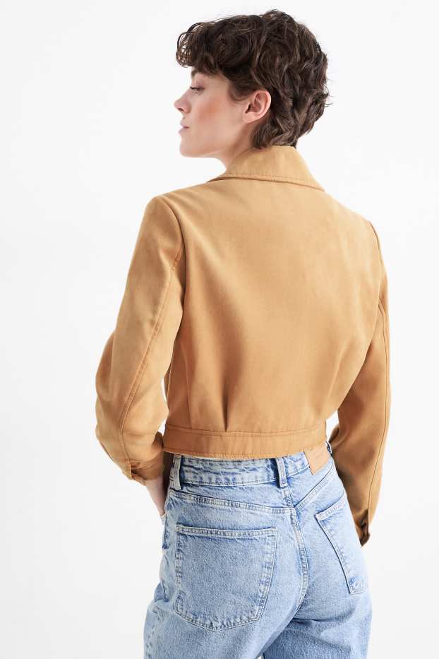 Dames - Kort bikerjack - imitatiesuède - beige