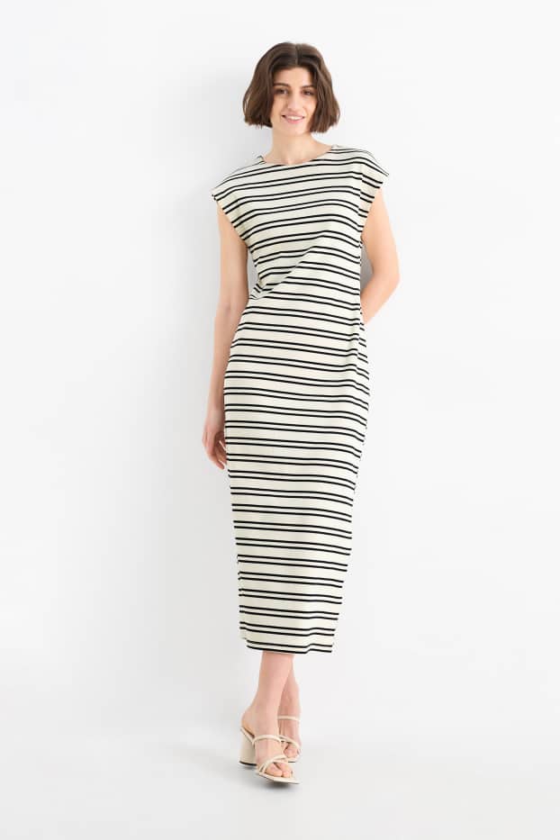 Femei - Rochie-tricou - reiată - cu dungi - bej deschis