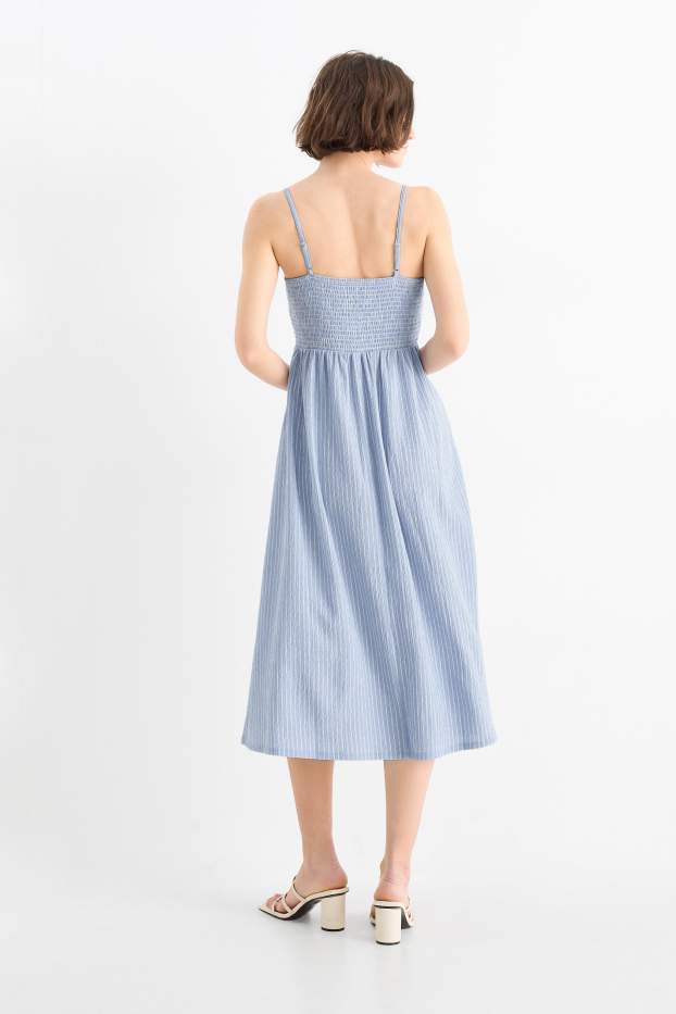 Dames - Fit & flare-jurk - gestreept - met structuur - gesmokt - blauw