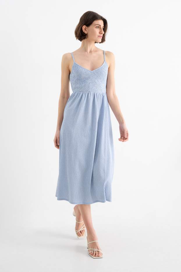 Dames - Fit & flare-jurk - gestreept - met structuur - gesmokt - blauw