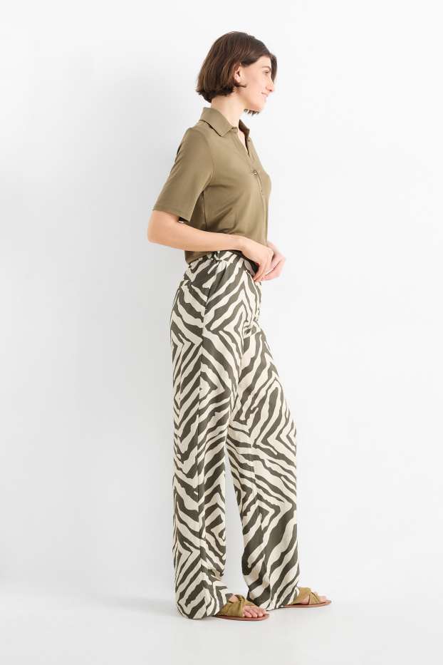 Women - Cloth trousers - high waist - wide leg - patterned - green / beige