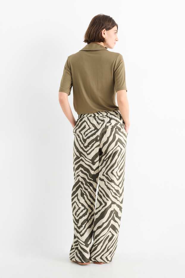 Women - Cloth trousers - high waist - wide leg - patterned - green / beige