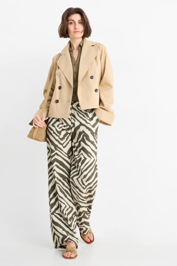 Women - Cloth trousers - high waist - wide leg - patterned - green / beige