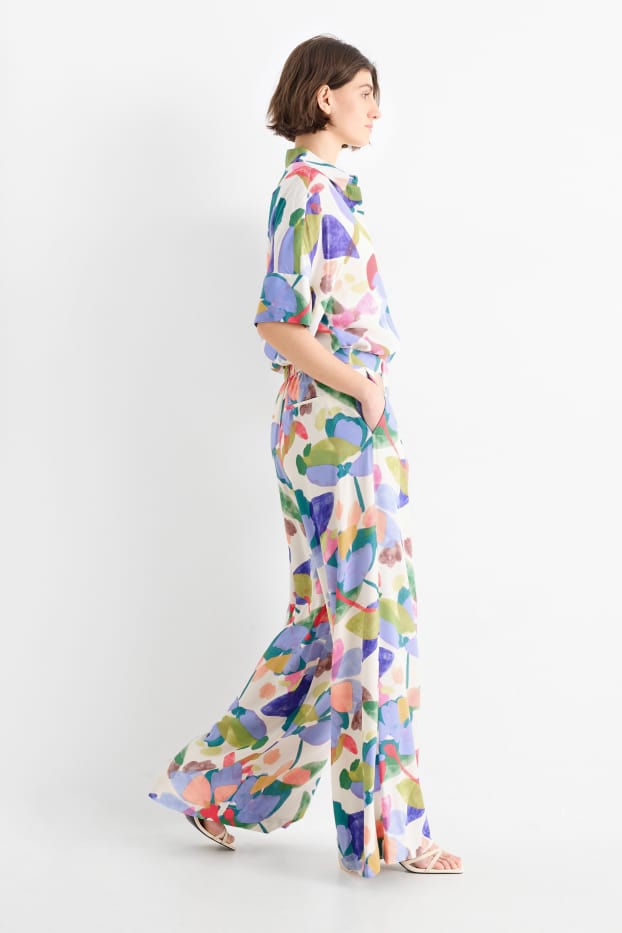 Damen - Stoffhose - High Waist - Wide Leg - geblümt - bunt