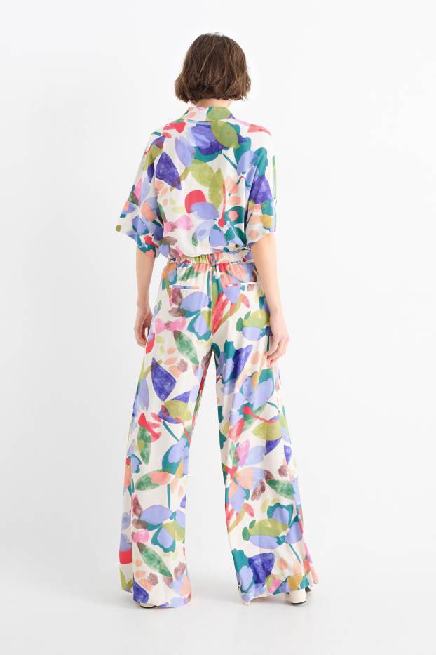 Damen - Stoffhose - High Waist - Wide Leg - geblümt - bunt