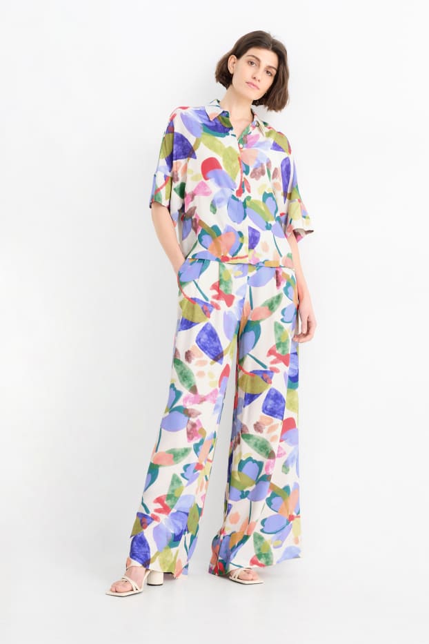 Damen - Stoffhose - High Waist - Wide Leg - geblümt - bunt