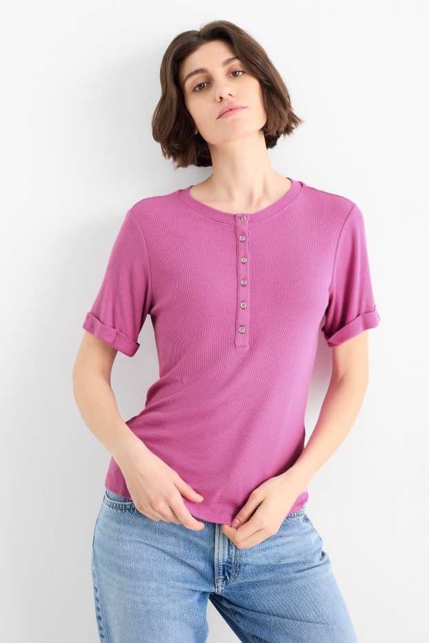 Femmes - Haut Henley - slim fit - finition côtelée - violet