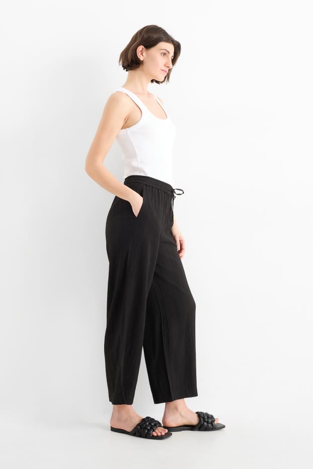 Damen - Stoffhose - High Waist - Wide Leg - strukturiert - schwarz